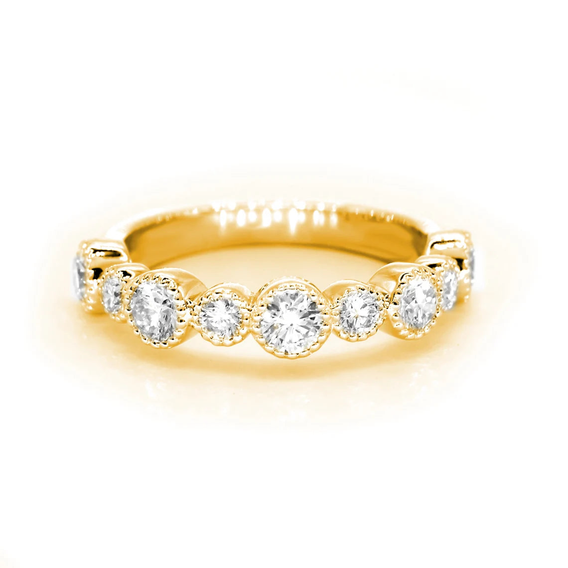 0.85 ct. Round Diamond Wedding Stackable Band, Bezel Set Milgrain Accent Ring-VIRABYANI